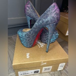 Christian Louboutin Highness 160 Lame, Turquoise/Violet platform heels